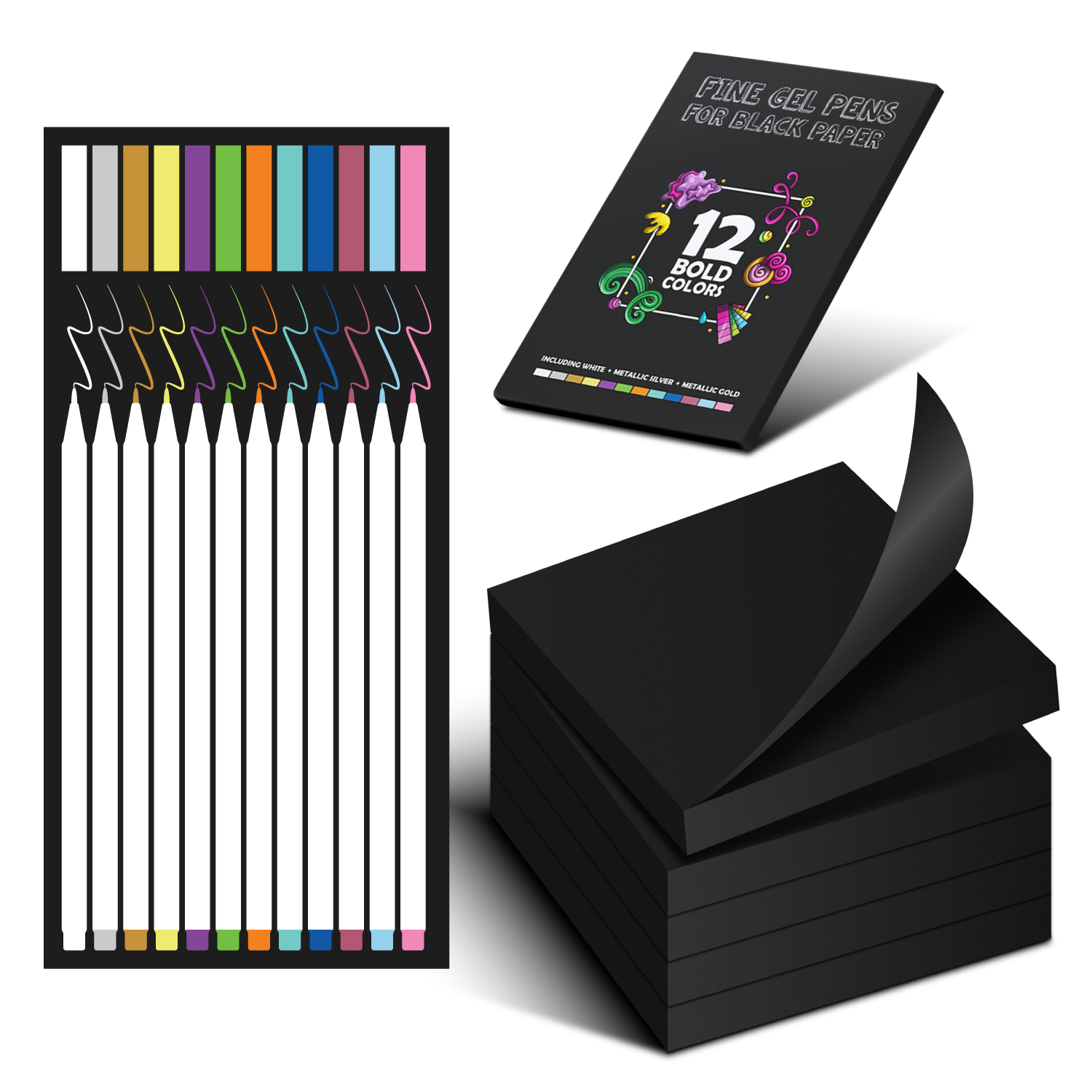 Cute Office Supplies, Black Sticky Notes and Gel Pens for Black Paper. 12  Gelly Roll Pens for Black Paper, Including White Gel Pen, Gold & Silver.  3x3